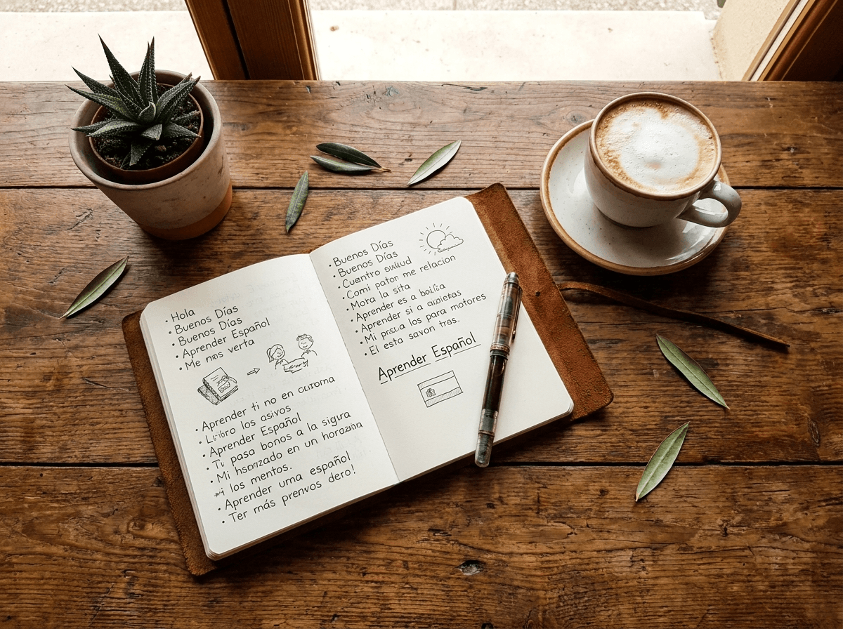 Temporary reference flat lay of Spanish learning notes, coffee and a plant